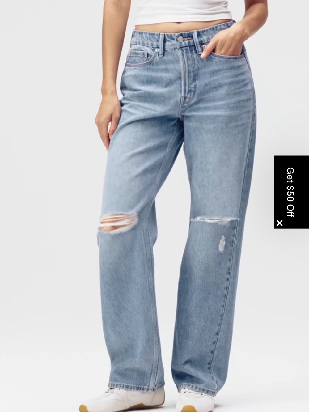 Good American relaxed distress 90s Light Blue Wide Leg Distressed Jeans! New 26